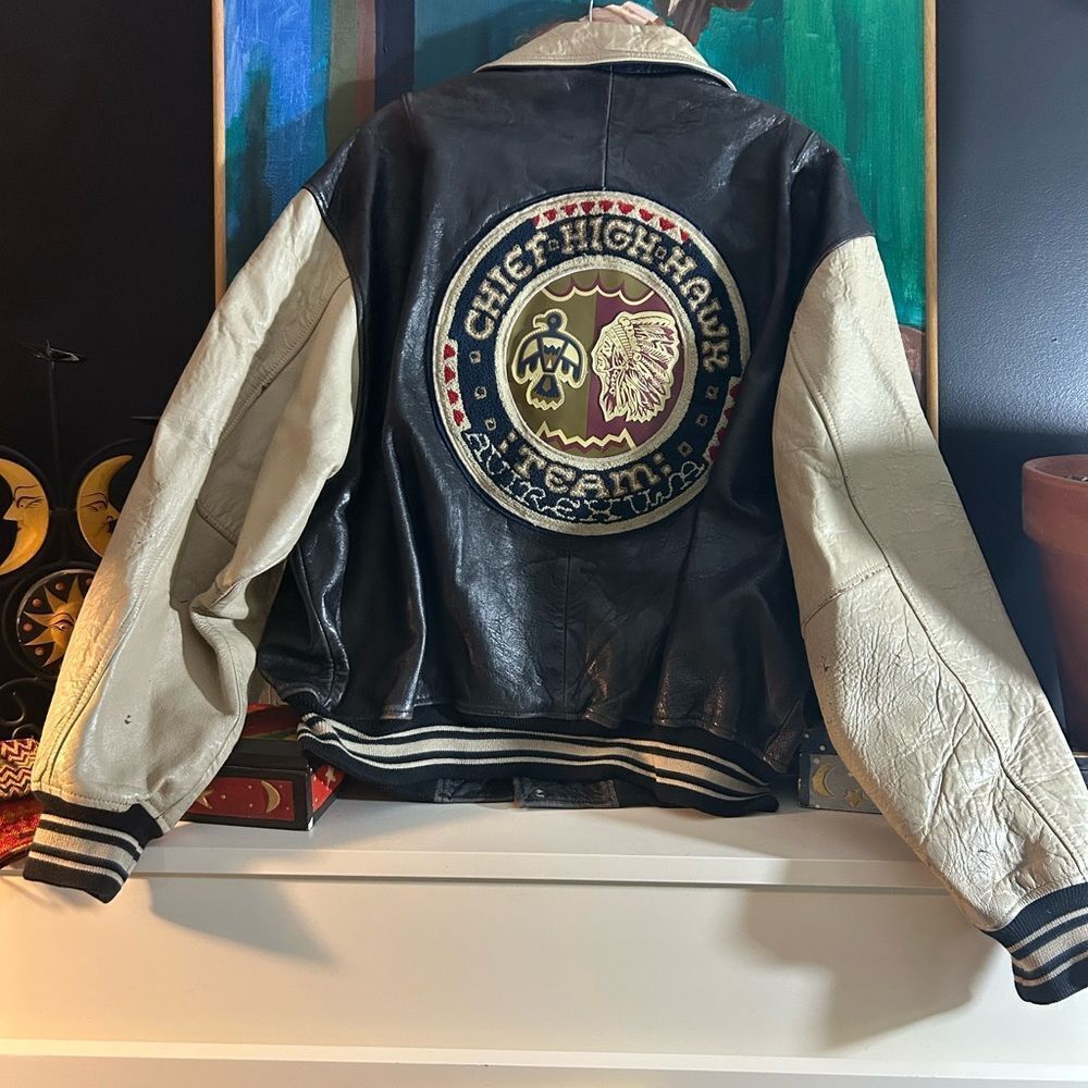 Rare Avirex Chief High Hawk American Team Leather Jacket Indian Head XL - Picture 7 of 16